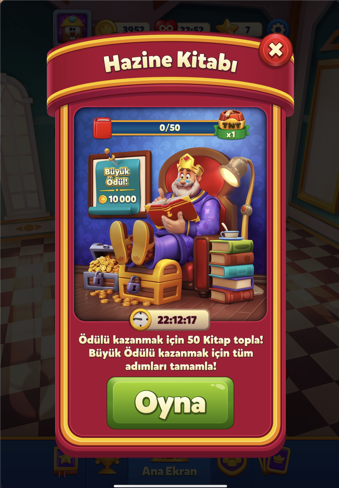 Hazine Kitabı modalı, 0/50 ilerleme ve Oyna butonu