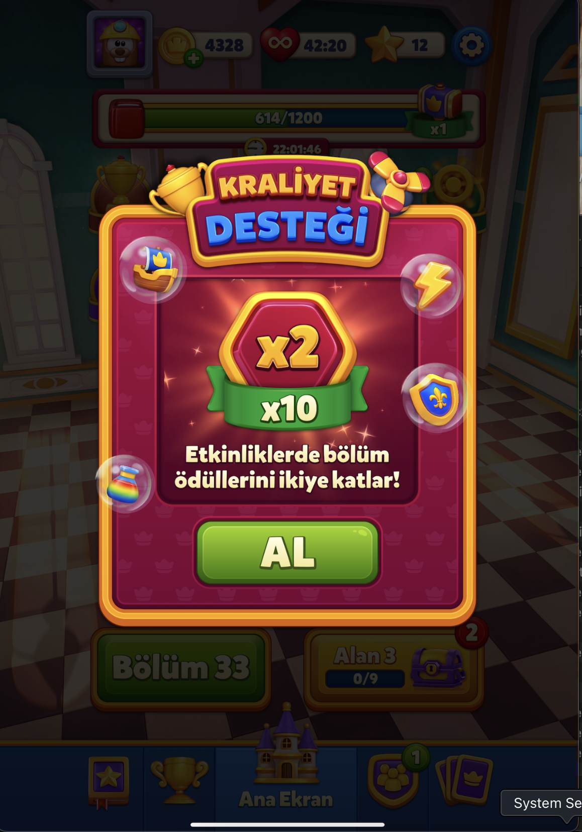 Kraliyet Desteği modalı, köşelerde 4 ayrı event'i temsil eden ikon rozetleri