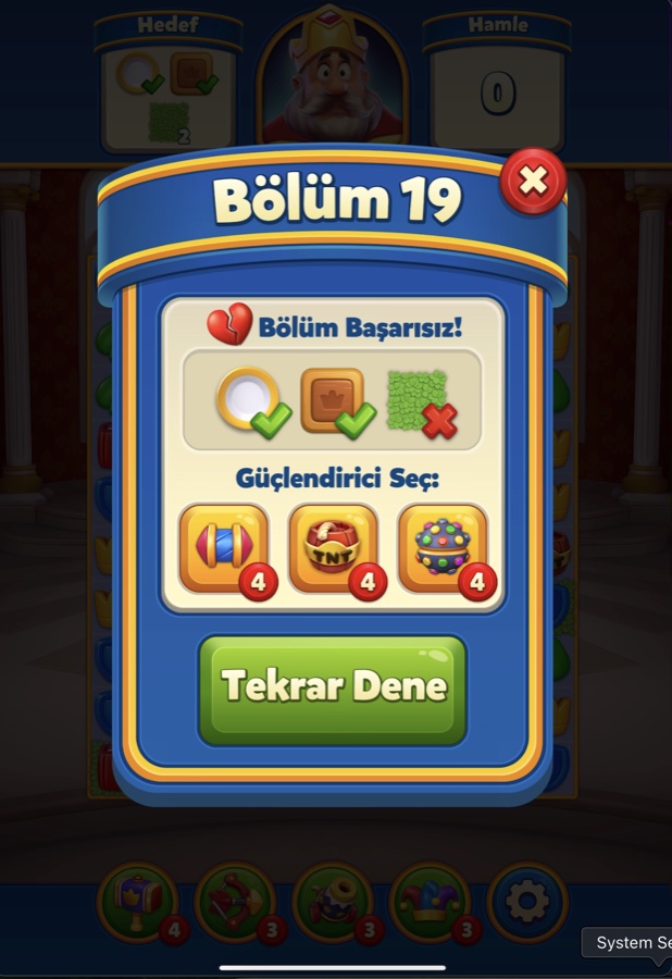 Bölüm Başarısız! ekranı, güçlendirici seçimi ve Tekrar Dene