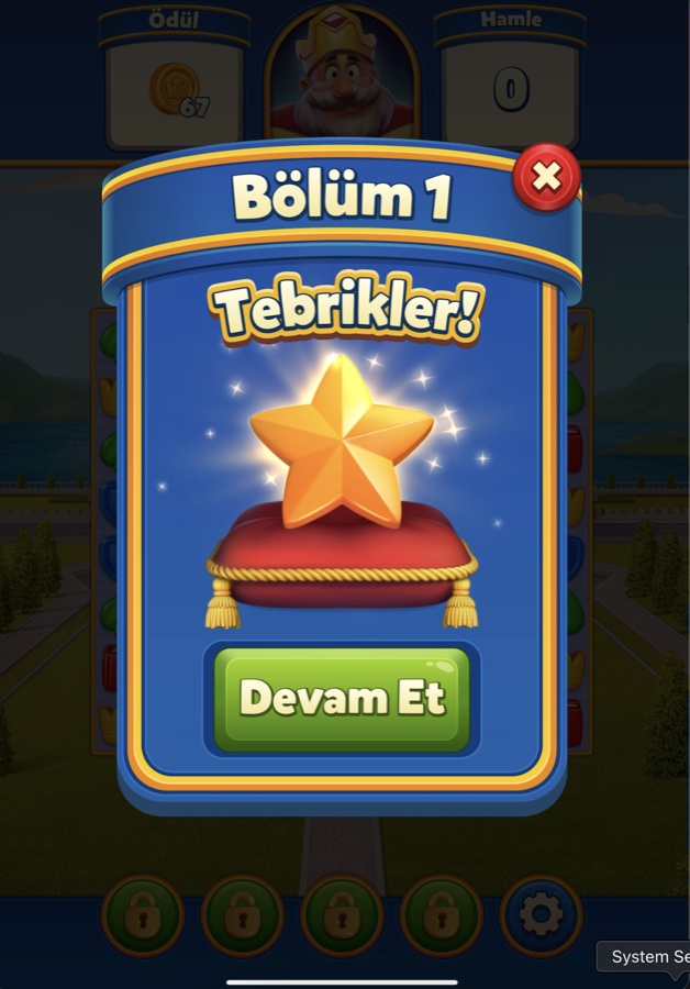 Bölüm 1 Tebrikler ekranı, yastık üzerinde yıldız