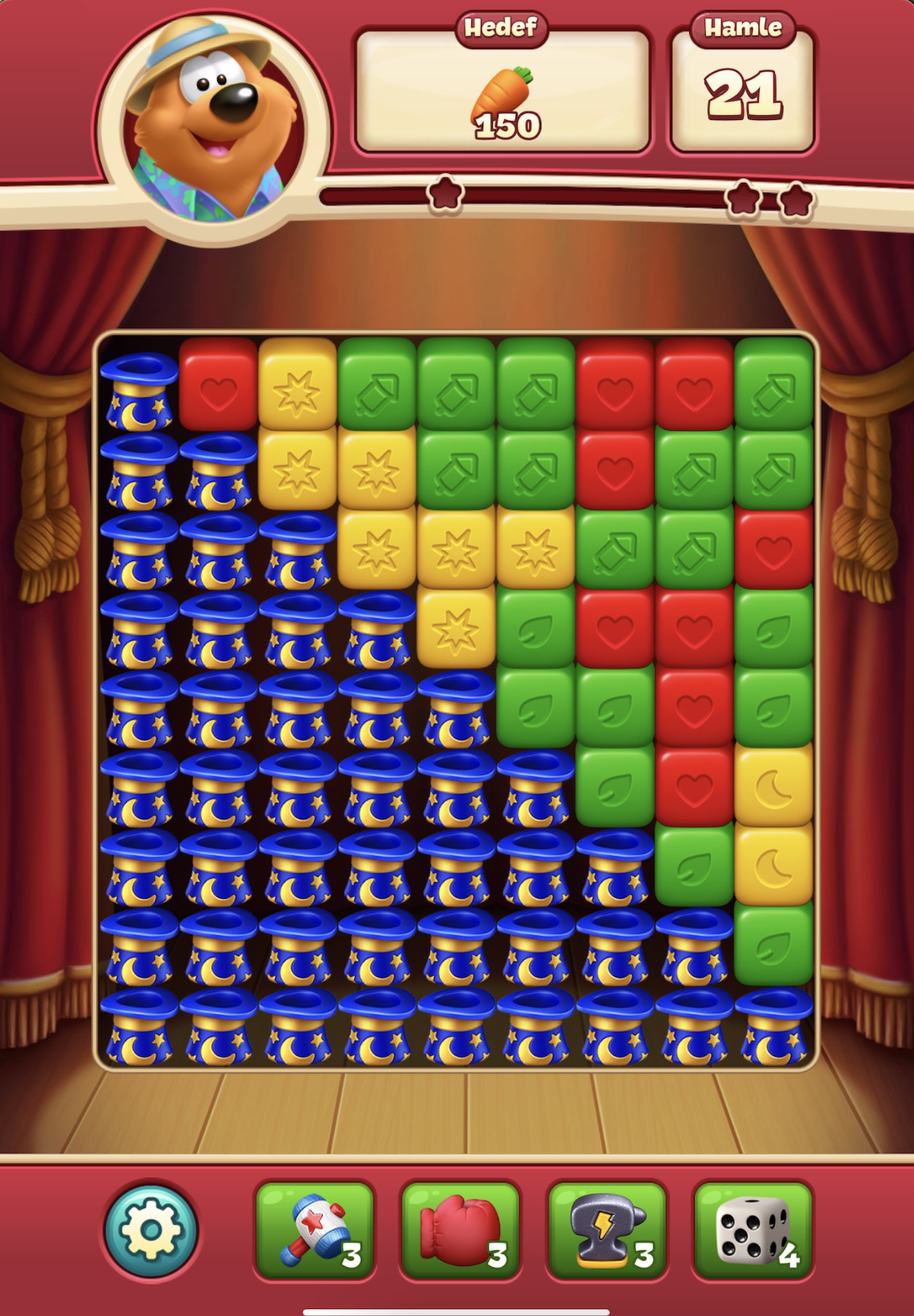 Toon Blast Level 24 board, diyagonal Şapka artışı