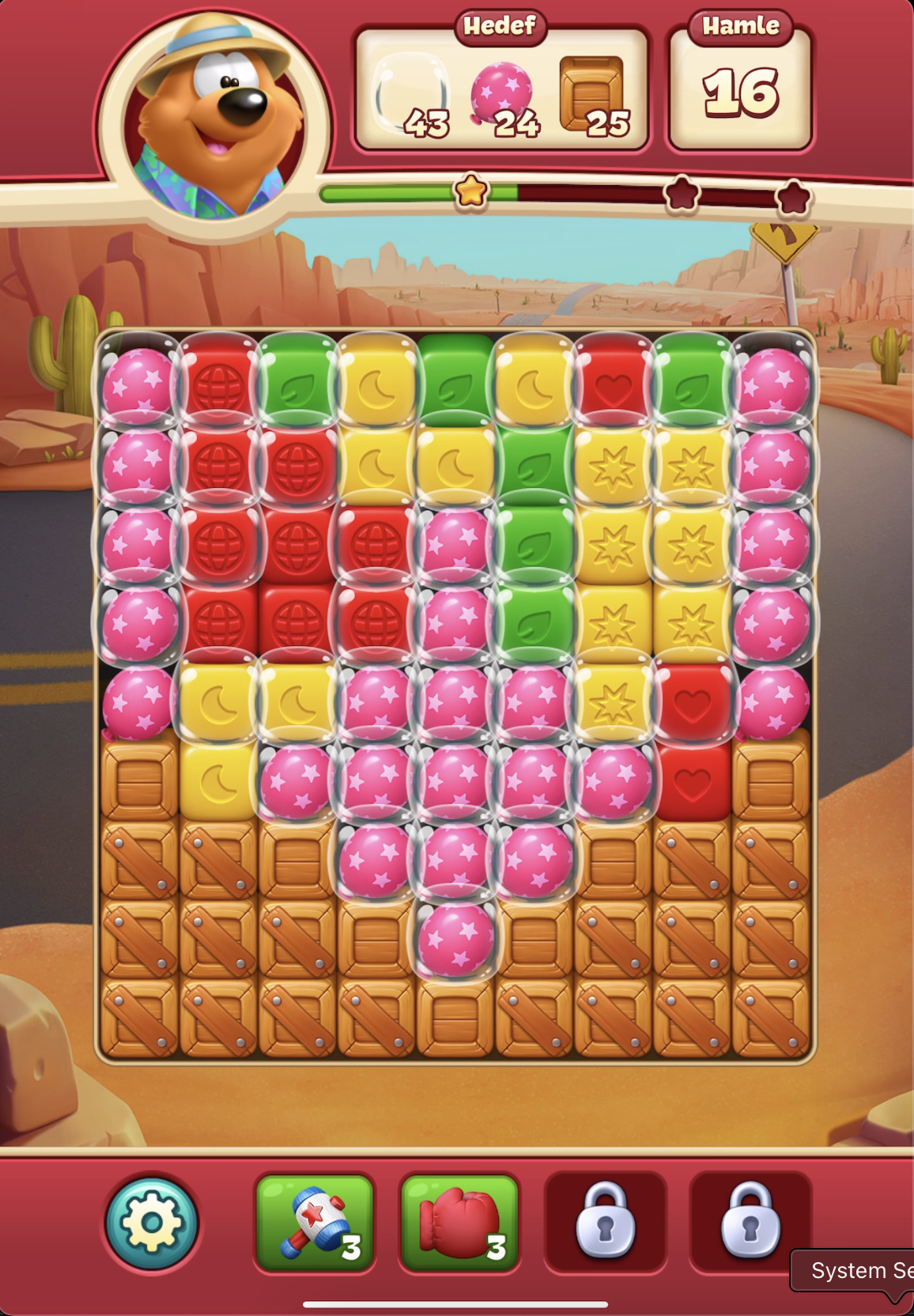 Toon Blast Level 15 board, katmanlı engel