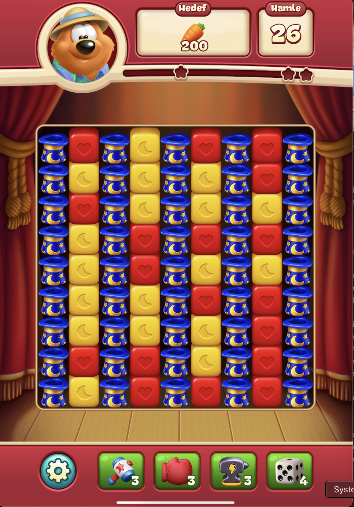 Toon Blast Level 25 board, şerit halinde Şapka sütunları