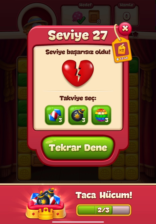 Seviye başarısız oldu ekranı, takviye seçimi ve Tekrar Dene